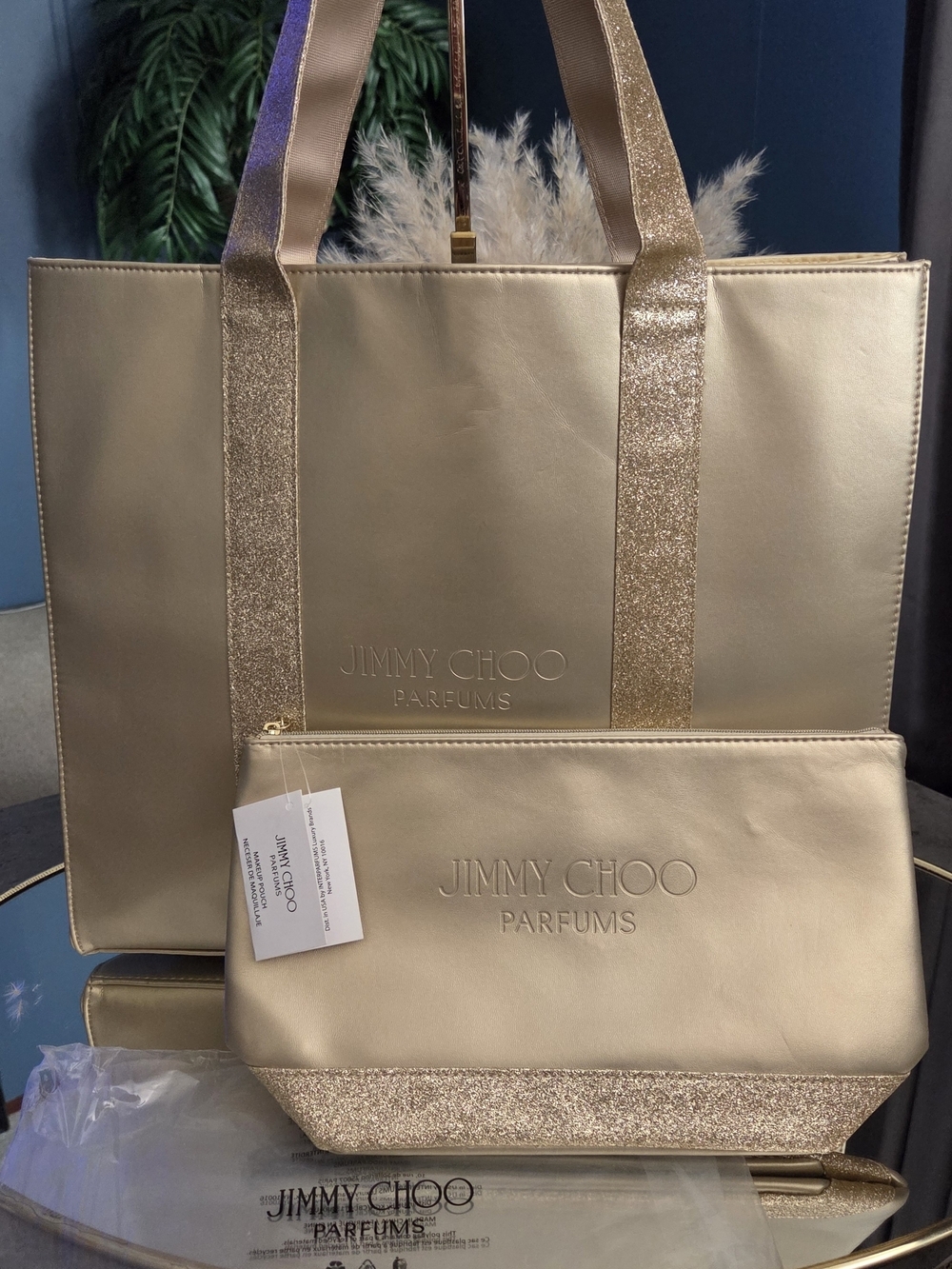 NWT Jimmy Choo Metallic Gold Tote with Glitter Strap and matching Pouch